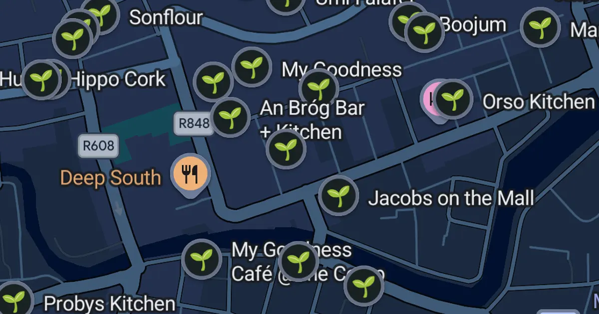 Cork city map with vegan food locations
