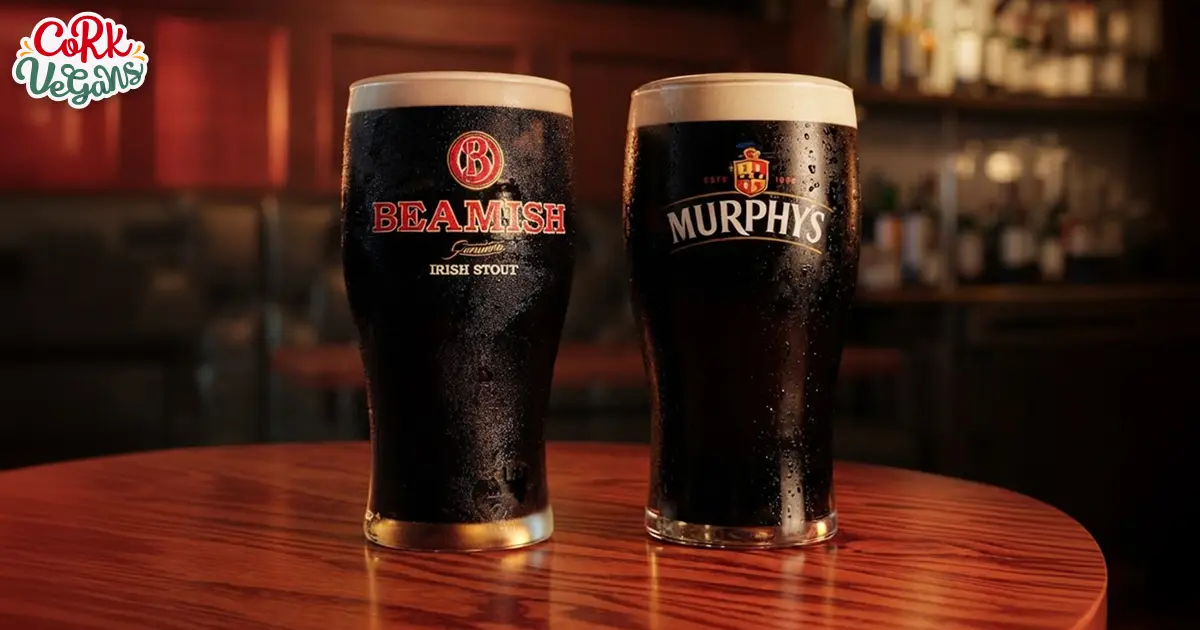 A pint of Beamish (left) and a pint of Murphys (right) in a cosy pub setting